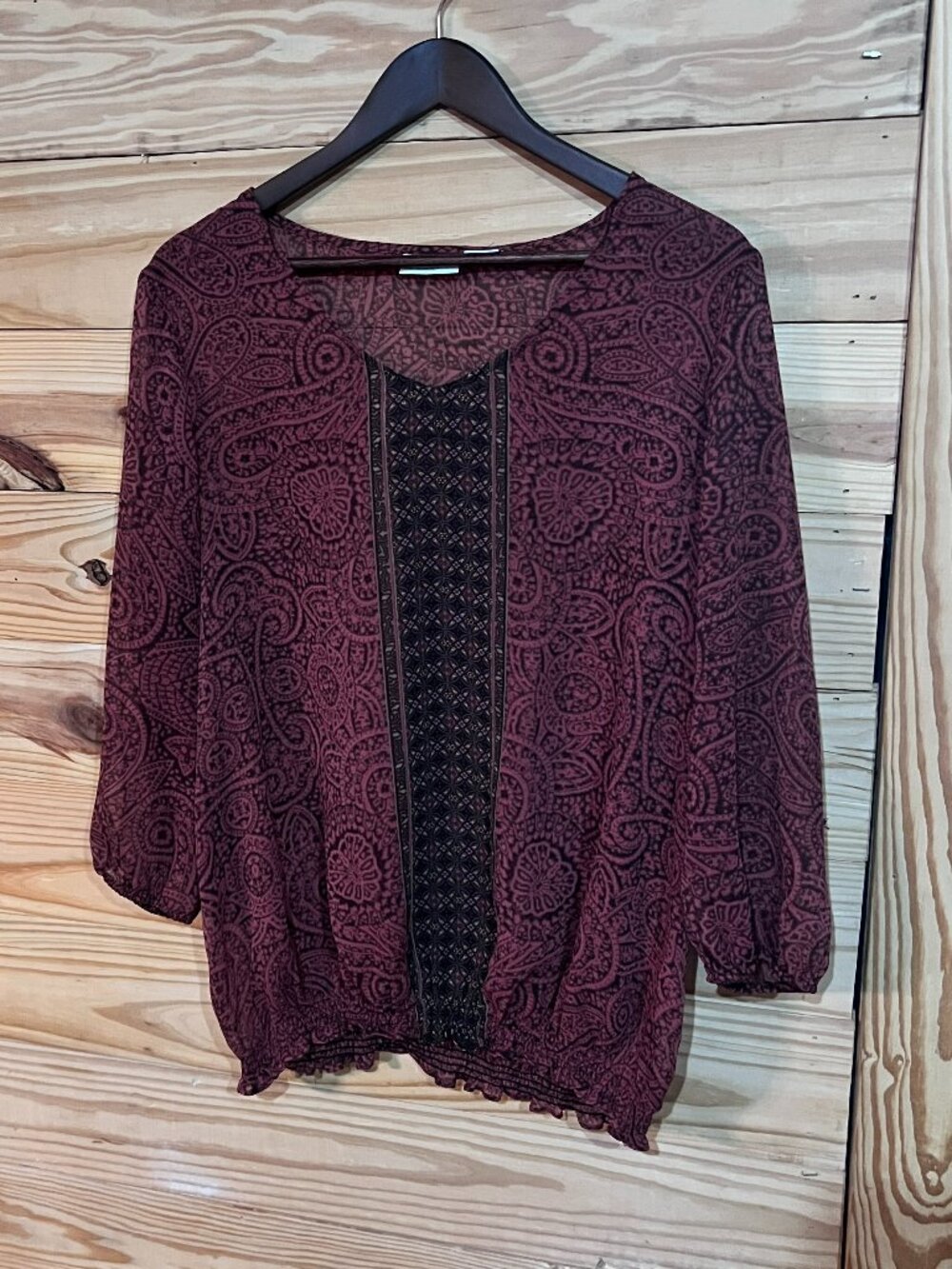 Liz Claiborne Long Sleeve Rust Red Paisley Print Sheer Boho Blouse Women's Large